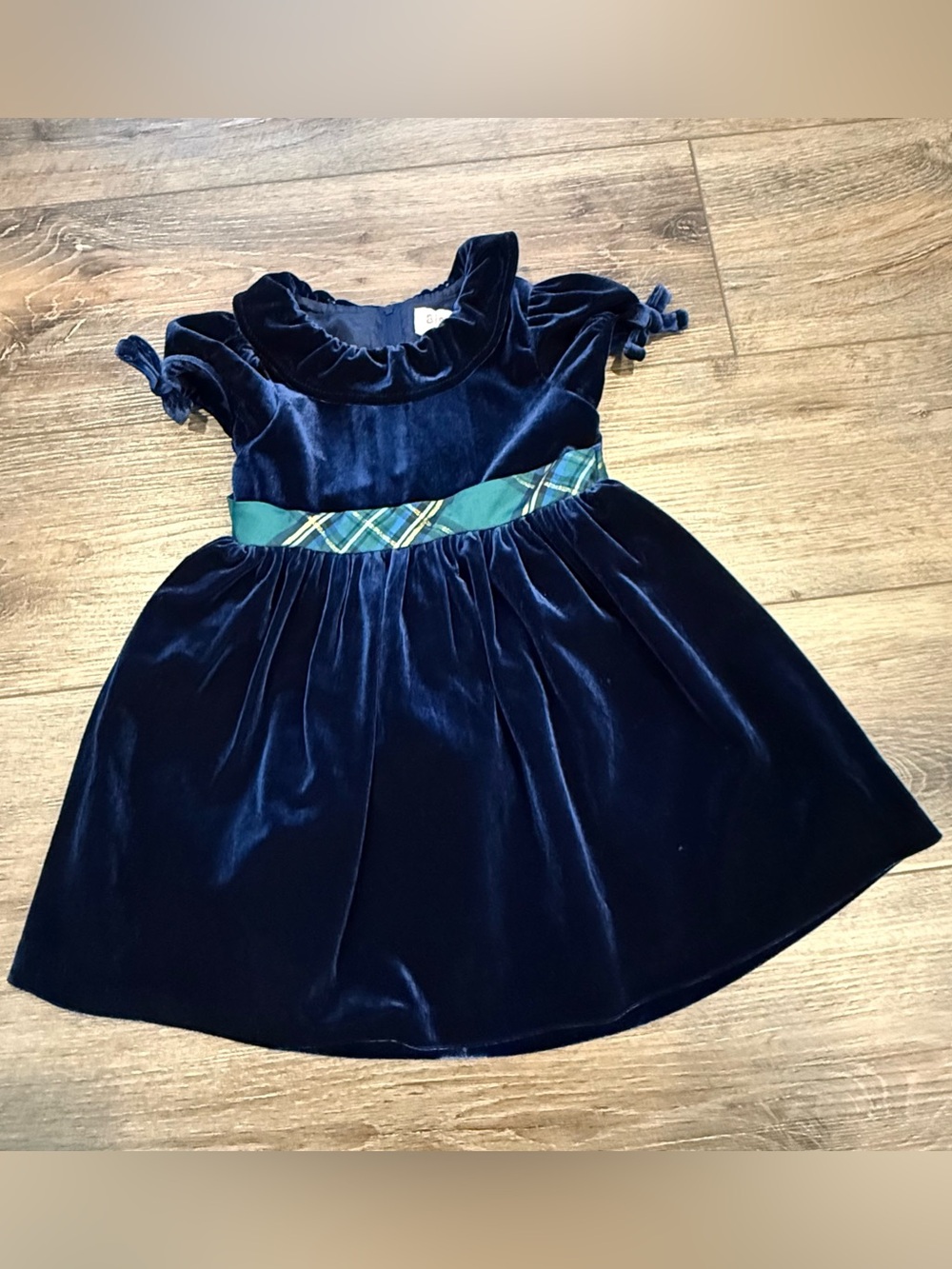Biscotti Navy Velvet Dress with Green Plaid Waistband, Holiday Party Dress